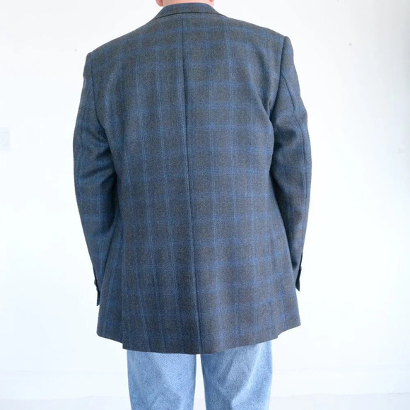 Perry Ellis Vintage Grey Blue Checker Pattern Wool Three Button Blazer - Size 44 - Picture 3 of 11